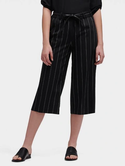 Dkny Striped Wide-leg Cropped Pants With Faux-leather Tie In Black And White