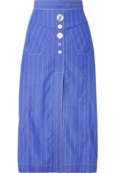 Ellery Aggie Embellished Pinstriped Cotton-poplin Midi Skirt In Blue