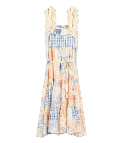 Tory Burch Tasseled Patchwork Printed Linen Maxi Dress In Far And Away Distress Patchwork