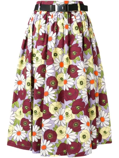 Prada Belted Floral-print Cotton-poplin Skirt In Purple Print