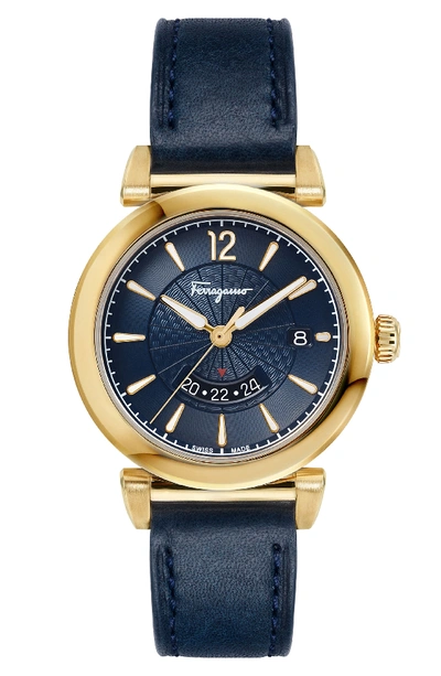 Ferragamo Men's Feroni Gold Ip Gmt Watch With Blue Leather Strap In Blue/ Gold