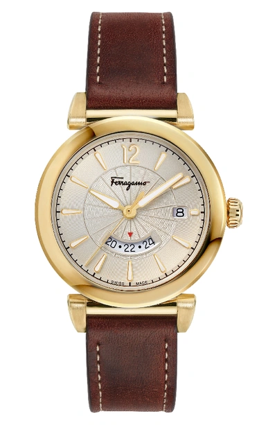 Ferragamo Men's Feroni Gold Ip Gmt Watch With Brown Leather Strap In Brown/ Silver/ Gold