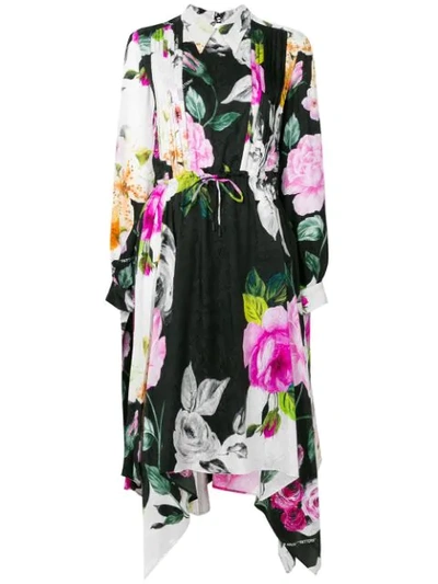 Off-white Multi-print One-sleeve Draped Midi Dress In Black