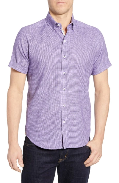 Robert Graham Liam Short-sleeve Houndstooth Slim Fit Shirt In Purple