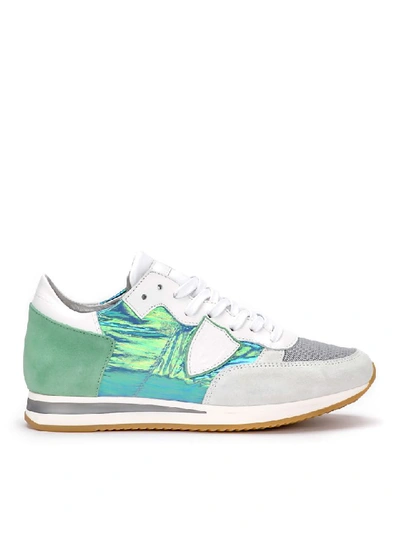 Philippe Model Tropez Iridescent Fabric And Green Suede Sneaker In Verde
