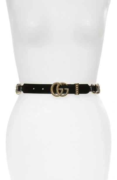 Gucci Textured Gg Chain & Leather Skinny Belt In Nero