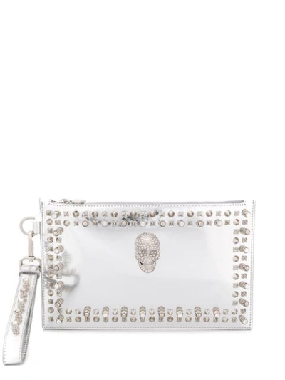 Philipp Plein Crystal Skull Clutch Bag In Silver