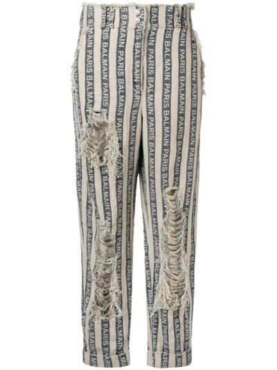 Balmain Logo Stripe Frayed Trousers In Neutrals