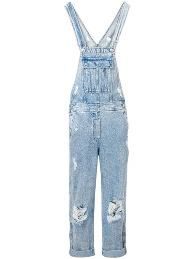 Balmain Distressed Denim Jumpsuit In Blue