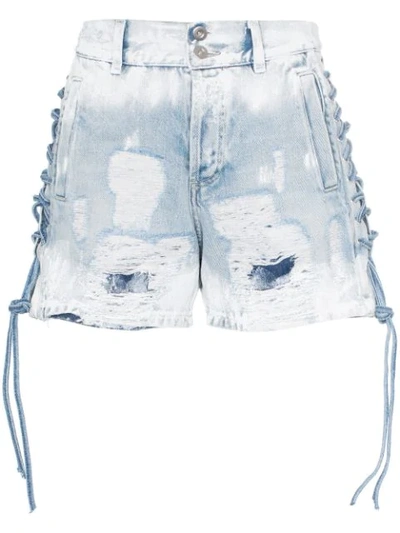Faith Connexion Lace-up Distressed Denim Shorts In Blue