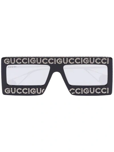 Gucci Black Rhinestone Studded Logo Square Tinted Sunglasses