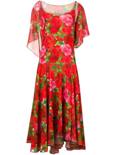 Richard Quinn Rose Printed Long Dress In Red