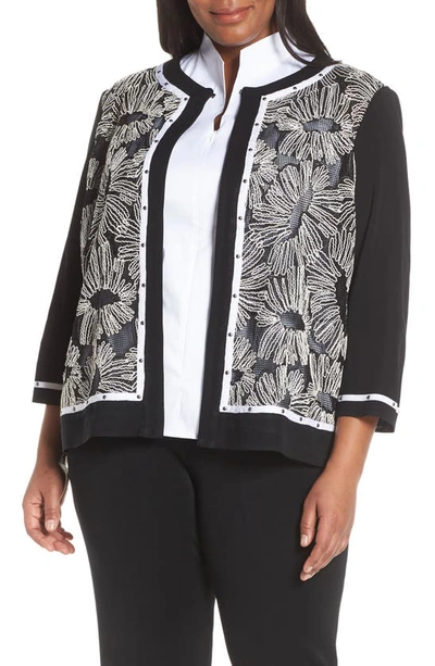 Ming Wang Floral Knit Jacket In Black/ White