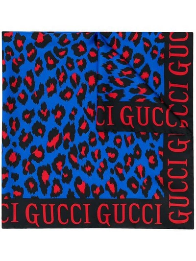 Gucci Leopard Print Scarf In 4274 Blu-rosso
