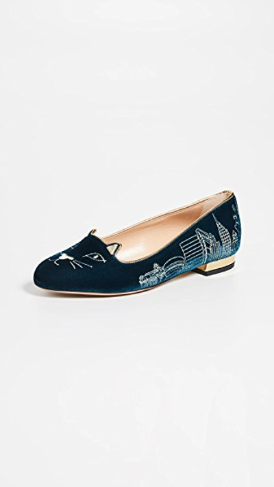 Charlotte Olympia City Kitty New York Flats In Blue/gold