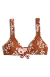 Madewell Second Wave Daisy Print Tie Front Bikini Top In Burnt Clay