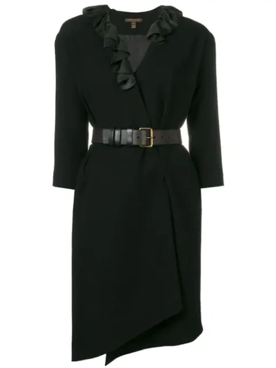 Pre-owned Louis Vuitton Ruffled Belted Dress In Black