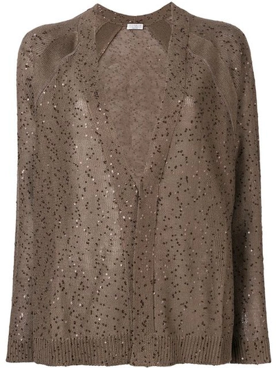 Brunello Cucinelli Sheer Cardigan With Sequins In Brown