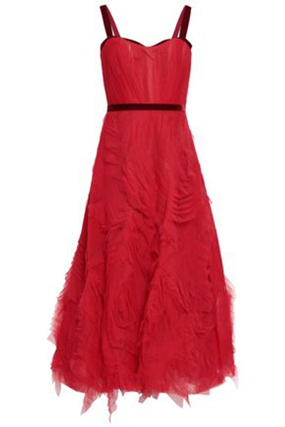 Marchesa Notte Velvet-trimmed Pleated Tulle Maxi Dress In Crimson