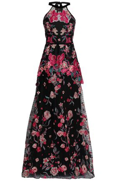 Marchesa Notte Embroidered Neoprene And Flocked Tulle Halterneck Gown In Black