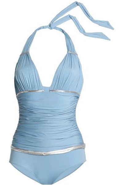 La Perla Woman Ruched Metallic-trimmed Halterneck Swimsuit Light Blue