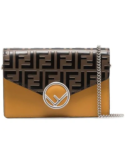 Fendi Brown And Yellow Ff Logo Leather Clutch Bag