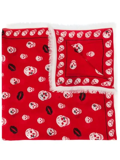 Alexander Mcqueen Skull And Lips Scarf In Red