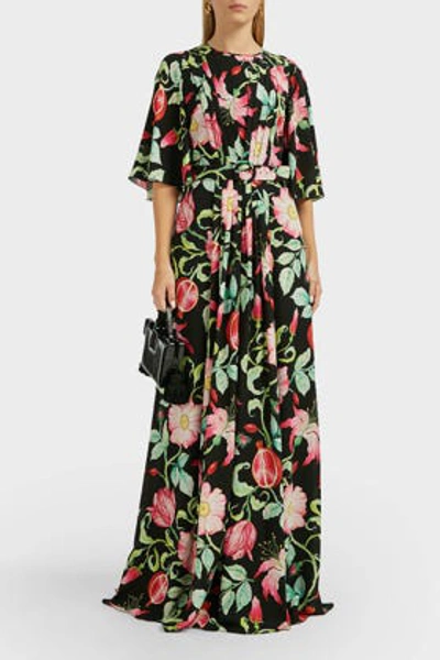 Andrew Gn Belted Floral Silk Maxi Dress In Black