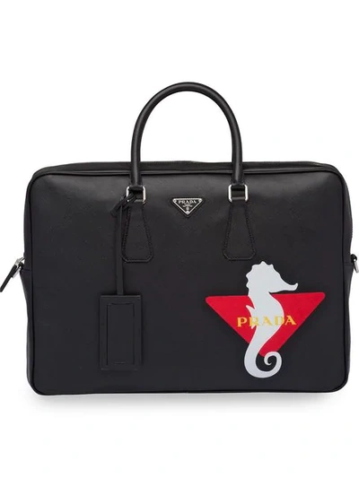 Prada Seahorse Motif Saffiano Leather Briefcase In F0967 Black/white