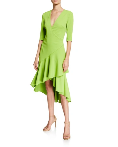 Badgley Mischka Surplice Elbow-sleeve High-low Flounce-skirt Dress In Lime