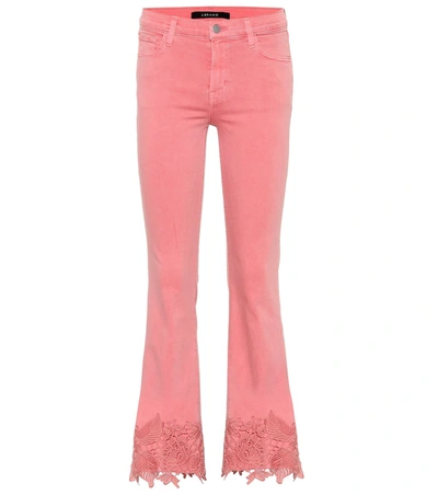 J Brand Cropped Guipure Lace-trimmed Mid-rise Bootcut Jeans In Pink