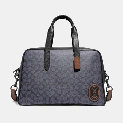 Coach Metropolitan Soft Carryall In Signature Canvas With Patch In Charcoal/black Copper Finish