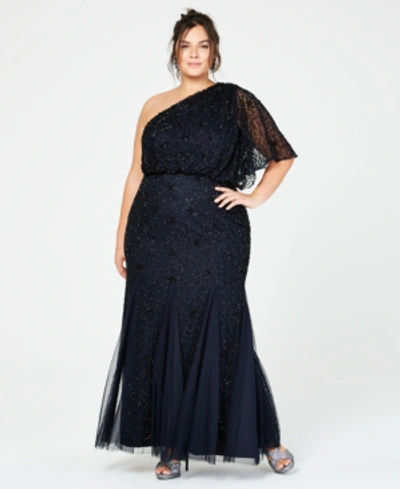 Adrianna Papell Plus Size Beaded One-shoulder Gown In Midnight Black