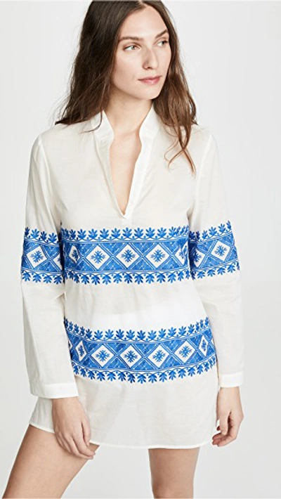 Tory Burch Stephanie Embroidered Cover-up Tunic In New Ivory / Bondi Blue