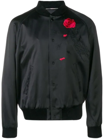Saint Laurent Rose Embroidered Bomber Jacket In Black