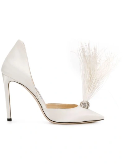 Jimmy Choo Liz 100 Ivory Satin Pointy Toe Pumps With Crystals And Fascinator Feathers