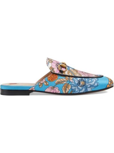 Gucci Princetown Flowers And Tassels Print Slipper In Blue