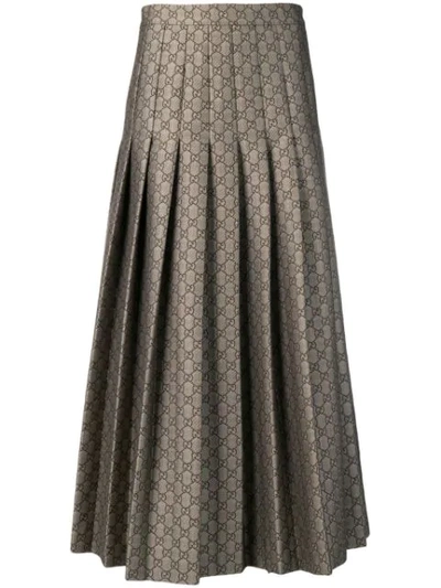 Gucci Gg Monogram Pleated Cotton Blend Midi Skirt In Beige