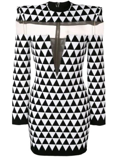 Balmain Sheer Insert Knitted Mini Dress In Black & White