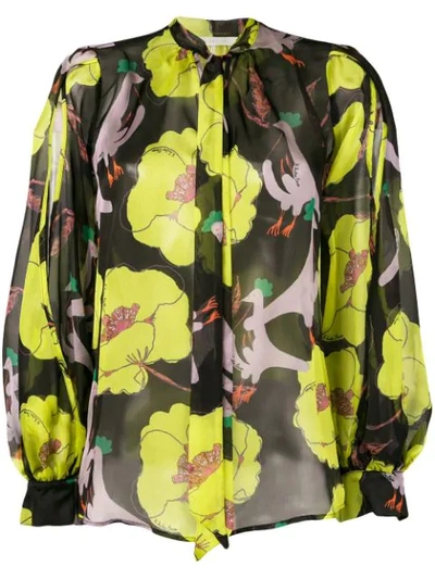 L'autre Chose Poppy Print Sheer Tie Neck Blouse In Black