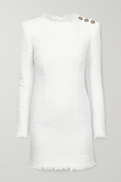 Balmain Button-embellished Tweed Mini Dress In White