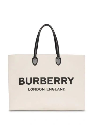 Burberry Logo Detail Cotton Blend Tote In Neutrals