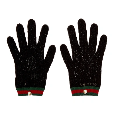 Gucci Black Crochet Pearl Button Gloves In 1074 Black