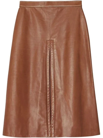 Burberry Box Pleat Detail Leather A-line Skirt In Brown