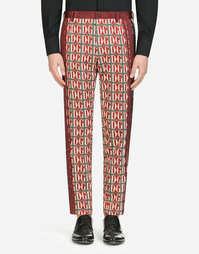 Dolce & Gabbana Printed Stretch Cotton Pants With Bands In Red
