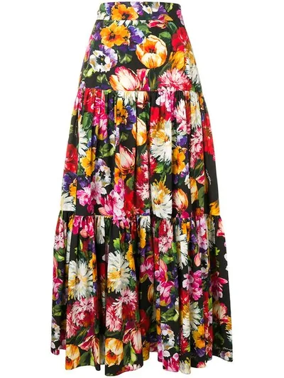 Dolce & Gabbana Tiered Ruffled Floral-print Cotton-poplin Maxi Skirt In Fiori Fdo Nero