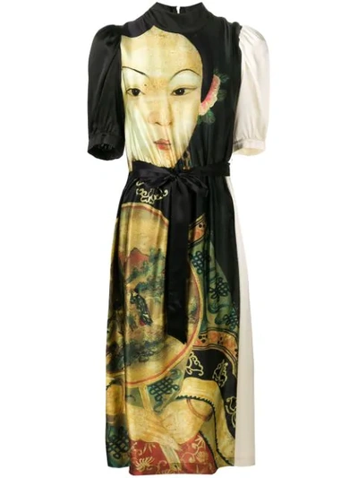 Simone Rocha Belted Printed Silk Crepe De Chine Midi Dress In Black/ Cream