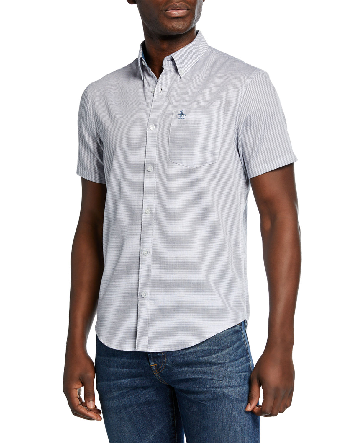 Penguin Men's Feeder Stripe Sport Shirt In Dark Blue | ModeSens