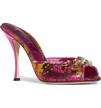 Dolce & Gabbana Ornamental Floral Jacquard Mules With Embroidery In Fuchsia