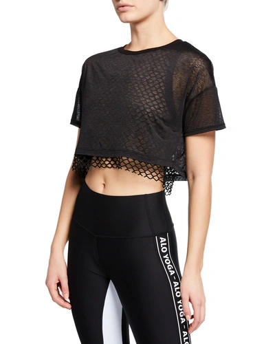 Alo Yoga Afterglow Short-sleeve Layered Crop Tee W/ Mesh In Black